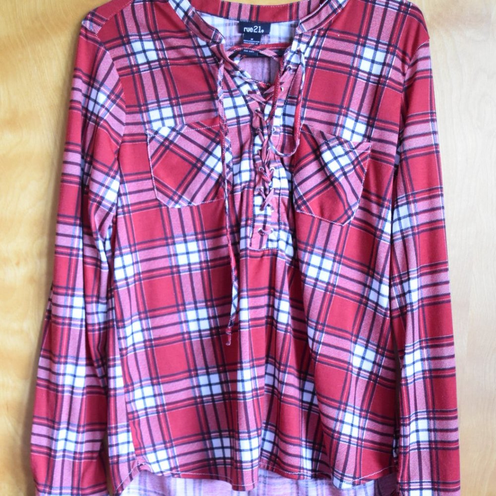 Rue 21- Red and white plaid long sleeve shirt.